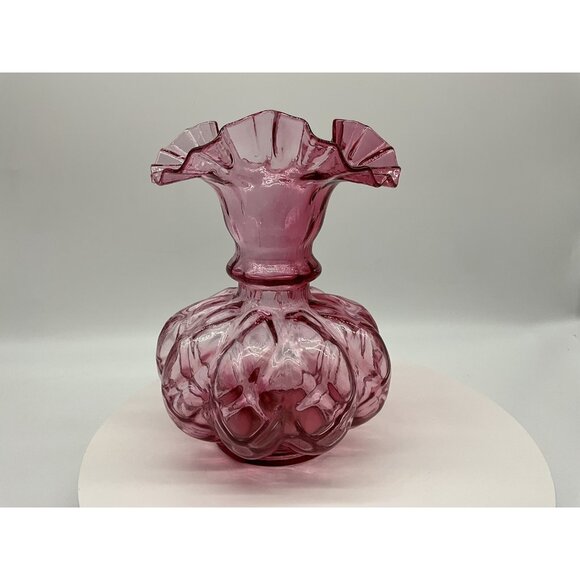FENTON Cranberry Melon Vase Art Glass Optic Coin Dot Vase Ruffled Edge 8" Tall - Picture 8 of 16